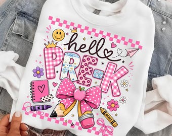 Hello Pre-K PNG, First Day of Pre-K, Preppy Girls Back to School Design, Pink Gingham Pencil Bow, Preschool Sublimation Digital Download PNG