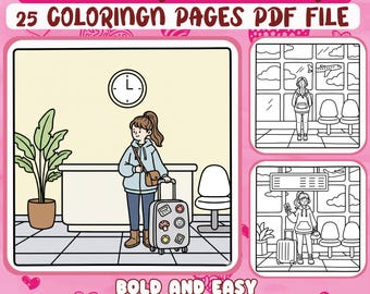 Travel Girl Coloring Pages - 25 Kawaii Style Scenes (Printable PDF)