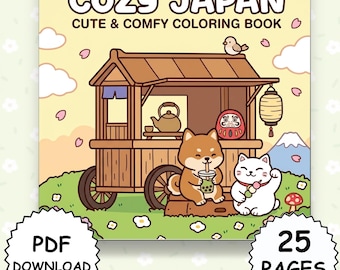 Libro para colorear japonés acogedor para adultos y niños: 25 lindas páginas japonesas, animales kawaii, flores de cerezo, relajación zen. PDF, descarga imprimible.