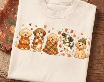 Fall Goldendoodle PNG, Autumn Doodle Dog PNG, Pumpkin Spice Dog Clipart, Cozy Fall Dog Shirt Design, Dog Lover Sublimation Digital Download