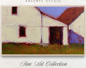 Vintage Farmhouse Cottagecore Samsung Frame Tv Art | Badly Drawn Nostalgic Barn Landscape Oil Painting | 3d Texture Screensaver