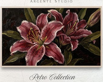 Tiger Lily Dark Floral Frame Tv Art Still Life | Maximalist Botanical Oil Painting | Heavy Textured Electronic Painting | Moody Screensaver