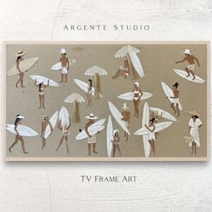 Puede incluir: Una obra de arte enmarcada que presenta figuras con tablas de surf y sombrillas sobre un fondo neutro. Las figuras minimalistas evocan un tema de playa. El texto "ARGENTE STUDIO" y "TV FRAME ART" son visibles.