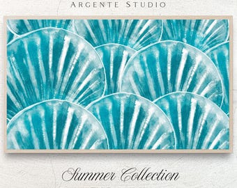 Mermaid Core Teal Shell Coastal Frame Tv Art | Summer Holidays Beach Electronic Painting | Turqoise Ocean Seaside Samsung Screensaver