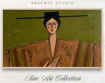 Modern Western Cowboy Frame Tv Art Abstract | Badly Drawn Minimalist Women Electronic Painting | Olive Green Figurative Screensaver