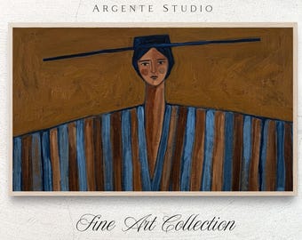 Color Blocking Western Cowboy Frame Tv Art Modern | Badly Drawn Minimalist Women Electronic Painting | Blue & Brown Figurative Screensaver