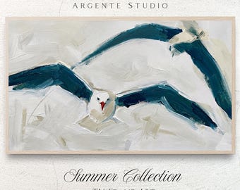 Vintage Painted Seagull Coastal Frame Tv Art Pastel Color | Ocean Sea Summer Landscape Electronic Painting | Flying Bird Samsung Screensaver