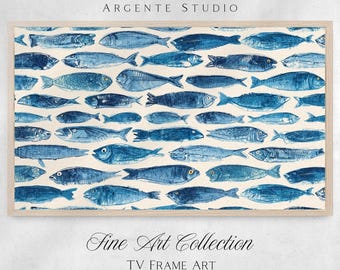 Vintage Sardine Fish Samsung Frame Tv Art Expessive | Coastal Fish Oil Painting | Minimalist Blue Navy Screensaver