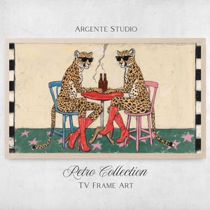 May include: A framed art print from the Retro Collection shows two cheetahs in sunglasses and red boots, seated at a table with bottles. The print has a light background with the text "ARGENTE STUDIO" and "Retro Collection TV Frame Art".