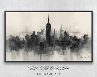 Minimalist Frame TV Art | Monochromatic NYC Skyline Digital Download | Black and White Abstract Cityscape 16:9 | 4K Dystopian Textured Art
