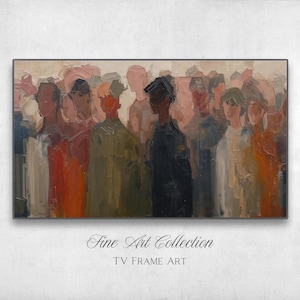 以下が含まれることがあります： くすんだ色調で描かれた、群衆の抽象的な油絵。人物は、オレンジ、緑、黒、ピンクの色合いで、太い筆致で表現されています。このアートワークは額装されており、「Fine Art Collection」と「TV FRAME ART」の文字が含まれています。