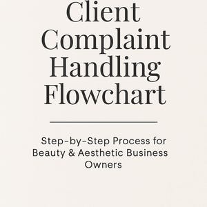 May include: A cream-colored graphic with the title "Client Complaint Handling Flowchart" in a bold, black serif font. Below, it reads "Step-by-Step Process for Beauty & Aesthetic Business Owners" and "By KJaafarDigital Professional Digital Templates."