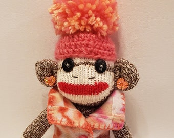 8" Sock Monkey Toy, cute little sock monkey, tiny Sock Monkey doll, sock monkey desk ornament,  sock monkey gift