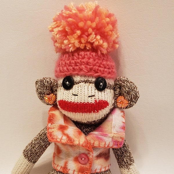 8" Sock Monkey Toy, lindo mono calcetín, pequeña muñeca Sock Monkey, adorno de escritorio de mono calcetín, regalo de mono calcetín