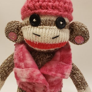 May include: A brown and white sock monkey wearing a pink crocheted hat with a white pom-pom and a pink and white plaid scarf.