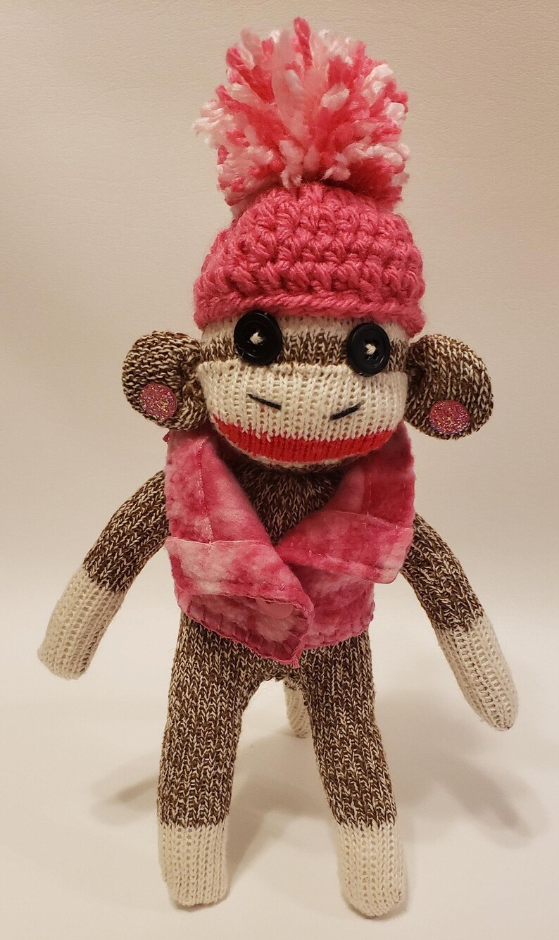 Sock Monkey Doll, Handmade 10" Sock Monkey, Toy with Pink Fleece Vest and Crocheted Hat image 1