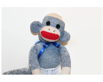 Sock Monkey for Baby, Blue Stuffed Sock Monkey Toy, Baby Safe Sock Monkey, Blue Red Heel Sock Monkey, Blue Monkey