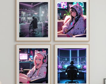 May include: Four framed art prints featuring anime-style illustrations. Two prints depict individuals in gaming setups, while the other two showcase anime characters wearing hoodies with cat ears. The color palette includes purples, pinks, and blues.