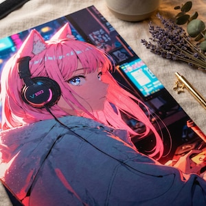 Café du matin Codage Anime Girl | Art mural imprimable Lo-fi | Décoration néon pour joueur | Téléchargement numérique