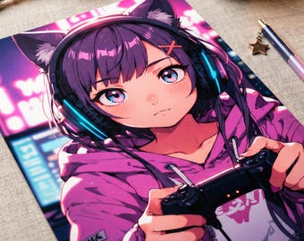 May include: Anime-style illustration of a girl with purple hair and cat ears wearing a pink hoodie and headphones. She is holding a black game controller. The background features a neon-lit gaming setup.