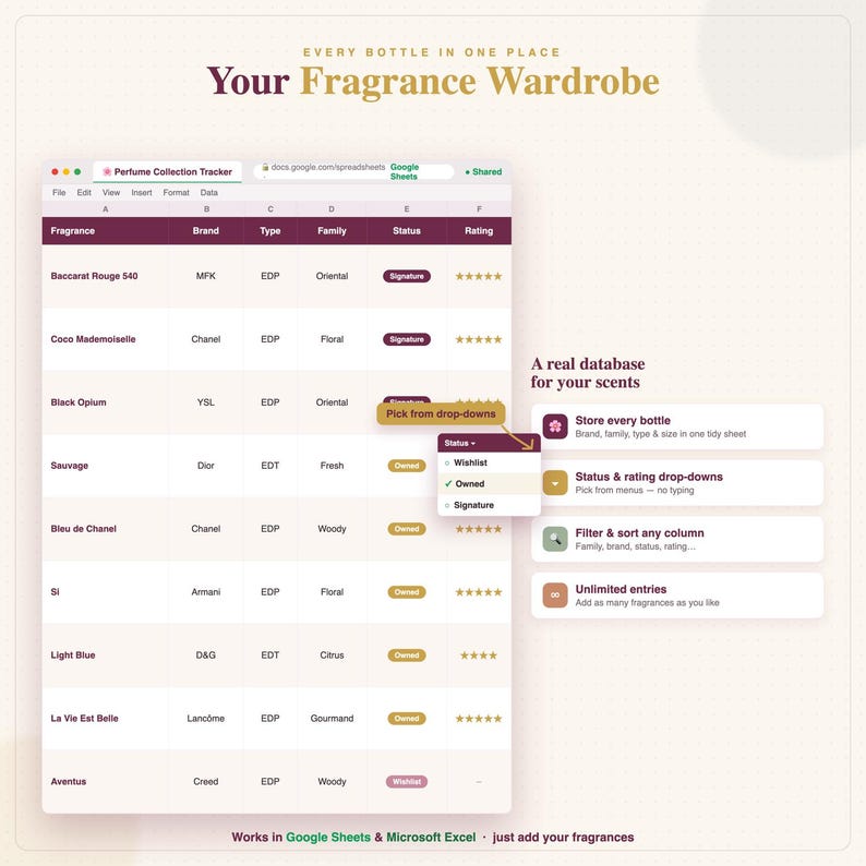 Perfume Collection Tracker, Fragrance Wardrobe Log, Google Sheets Excel (Digital Download) image 4