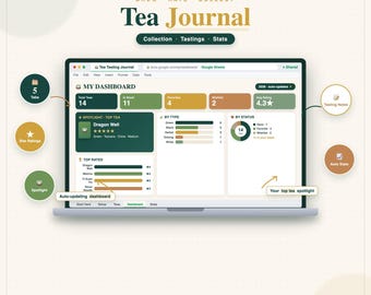 Tea Tasting Journal Spreadsheet, Google Sheets + Excel Tea Collection Tracker, Loose Leaf Rating Log with Stats Dashboard