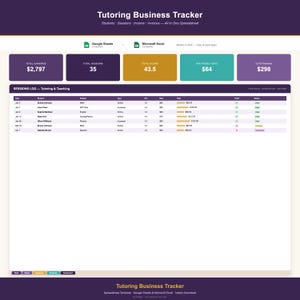 May include: A digital Tutoring Business Tracker spreadsheet template compatible with Google Sheets and Microsoft Excel. The interface features a purple header, summary boxes for earnings and sessions, and a detailed sessions log table with columns for date, student, subject, type, hours, rate, total, paid status, and payment status.