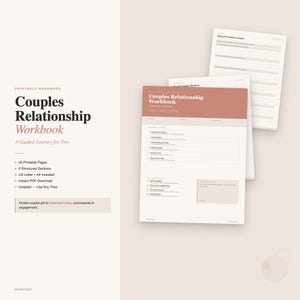 May include: A printable Couples Relationship Workbook featuring a terracotta header, white pages with structured sections, and text including "Couples Relationship Workbook," "A Guided Journey for Two," "40 Printable Pages," and "Deep Conversation Prompts."