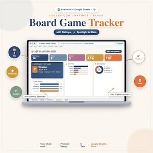 May include: A digital board game tracker displayed on a laptop screen, featuring a dashboard with sections for total games, ratings, and play counts. The interface includes charts, status indicators, and a spotlight for top-rated games in a clean layout.
