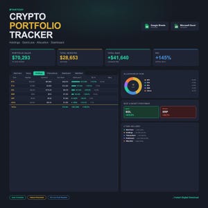 Crypto Portfolio Tracker Spreadsheet, Google Sheets + Excel Cryptocurrency Investment Tracker with Dark Dashboard