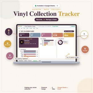 Puede incluir: Una hoja de cálculo digital para el seguimiento de colecciones de vinilos mostrada en una pantalla de portátil. El panel incluye secciones para el total de registros, artículos poseídos, lista de deseos, calificación promedio y valor.