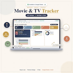 May include: A digital Movie & TV Tracker spreadsheet displayed on a laptop screen. The dashboard features sections for total titles, watched, watching, to watch, average rating, a spotlight top pick, genre breakdown, and status charts.