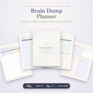 May include: A digital Brain Dump Planner with multiple page layouts featuring soft pastel color accents. The cover displays the text A CALM SYSTEM FOR AN OVERWHELMED MIND, Brain Dump Planner, and Empty Your Mind, Sort What Matters, Release the Rest.