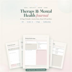 May include: A 16-page printable Therapy & Mental Health Journal featuring session notes, mood trackers, and CBT tools. The digital document includes PDF files in US Letter and A4 sizes, compatible with GoodNotes for digital planning and note-taking.