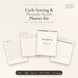 Puede incluir: Un kit de planificador imprimible para la sincronización del ciclo y la salud hormonal con páginas educativas y de seguimiento. El kit incluye una portada, una tabla de fases, una hoja de reflexión mensual y un registro de síntomas.