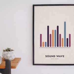 May include: A framed wall art print featuring a vertical bar graph representing a sound wave in shades of purple, orange, and blue. Below the graphic, the text reads SOUND WAVE and MUSIC SERIES in a clean, black, sans-serif font on a cream background.