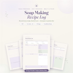 Puede incluir: Un diario digital imprimible de recetas de jabón de 16 páginas para procesos en frío, en caliente y de fundición. El documento incluye secciones para sosa, aceites, aditivos y seguimiento de curado, en formatos US Letter y A4.