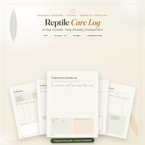 Puede incluir: Un registro de cuidados para reptiles de 16 páginas imprimible para dragones barbudos, geckos, serpientes y tortugas. El documento incluye secciones para temperatura, humedad, alimentación, muda y seguimiento de salud, disponible en PDF.