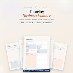 Puede incluir: Un planificador de negocios de tutoría imprimible de 16 páginas con secciones para estudiantes, lecciones e ingresos. El documento incluye una página de perfil de estudiante con campos para objetivos, horarios y listas de verificación, disponible en formato PDF para US Letter y A4.