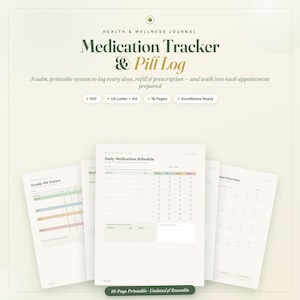 May include: A digital health and wellness journal titled Medication Tracker & Pill Log. The document includes a daily medication schedule, weekly pill tracker, and 16 pages of printable forms in US Letter and A4 sizes, compatible with GoodNotes.