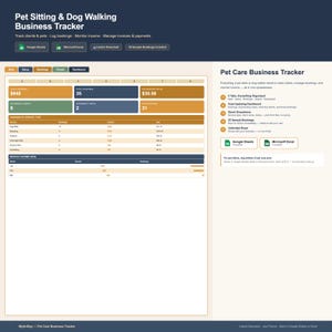 Puede incluir: Una plantilla de hoja de cálculo digital Pet Sitting & Dog Walking Business Tracker. La interfaz cuenta con un panel de control con tablas de datos, cuadros de resumen para ganancias y reservas, e iconos de compatibilidad de software.