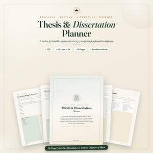 Op de afbeelding: Een 16-pagina tellende, printbare Thesis & Dissertation Planner in een neutraal kleurenpalet. Het document bevat secties voor onderzoek, schrijven, literatuur en verdediging, inclusief een roadmap, checklist en hoofdstukplanner, beschikbaar in US Letter en A4-formaten.
