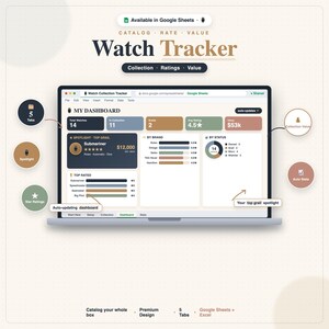 May include: A digital watch tracker spreadsheet template displayed on a laptop screen. The dashboard features sections for collection totals, ratings, and value, with charts and lists for brands and status. Text includes Watch Tracker, My Dashboard, and various data labels.