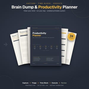 Afdrukbare productiviteitsplanner, Brain Dump + Time Blocking Planner, Takenlijst afdrukbaar, Dagplanner, ongedateerde dagplanner, prioriteitsmatrix pdf