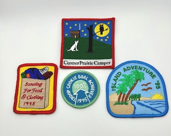 Vintage Lot of 4 Girl Scout Patches 1995 90’s Conner Prairie Island Adventures Cookie Achiever Badge and Scouting for Food & Clothing