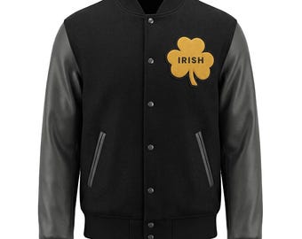 Chaqueta universitaria de lana hecha a mano para hombre, mangas de cuero negro, estilo bomber irlandés de Notre Dame