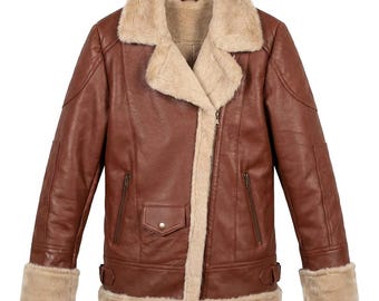 Damen echten Schafleder Aviator Bomberjacke, Kunstpelz gefütterter Wintermantel