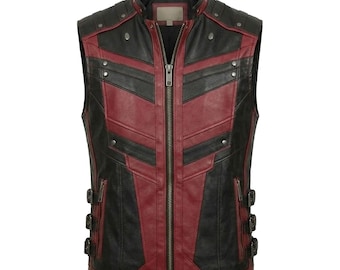 Gothic Distressed Leder Look Weste, Rot Schwarz Steampunk Biker Weste, Punk Cosplay Jacke