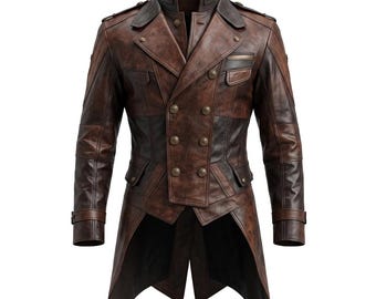 May include: A double-breasted brown leather coat featuring a high collar, long sleeves with buckled cuffs, and a tailcoat-style hem. The garment is accented with metallic buttons, shoulder epaulets, and multiple flap pockets on the chest and waist.