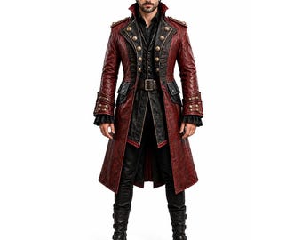 May include: A long, structured coat in deep red with black textured panels, featuring a high collar, gold-toned buttons, and epaulets. The coat is worn over a black button-down shirt, black trousers, and black lace-up boots with a ruffled cuff detail.